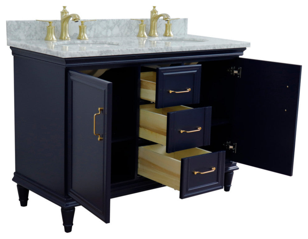 49" Double Vanity, Blue Finish With White Carrara And Oval Sink