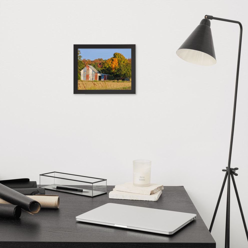 Patriotic Barn in Field Rural Landscape Framed Photo Paper Wall Art Prints, Black, 8" X 10"