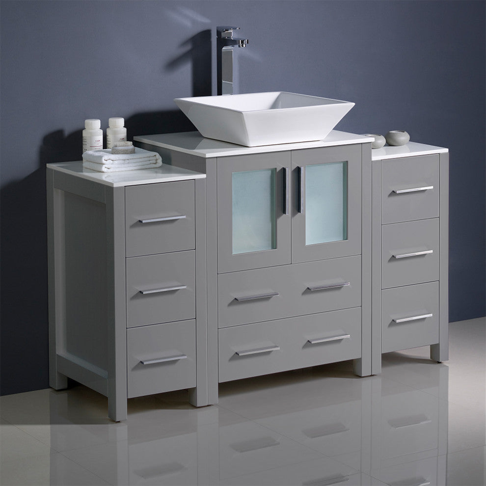 Torino Modern Bathroom Cabinets With Top and Vessel Sink, Gray, 48"