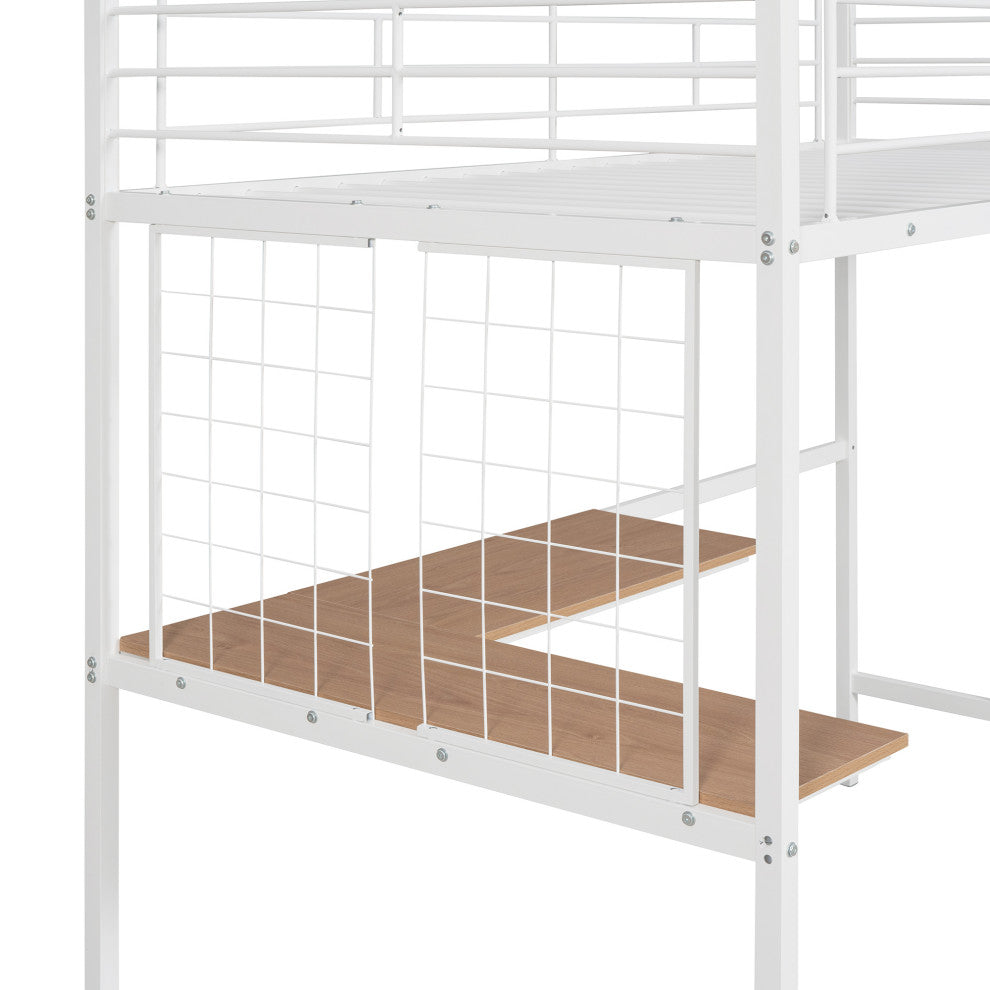 TATEUS Metal Loft Bed With Desk, Sturdy Metal Frame Guardrails Work and Play, White, Twin