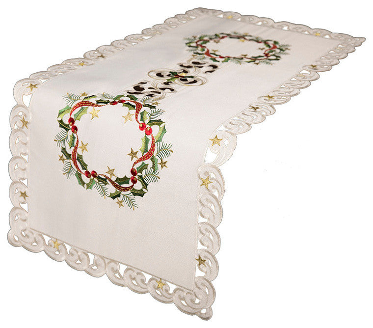 Ribbon Wreath Embroidered Cutwork Christmas Table Runner, Ivory, 15"x34"