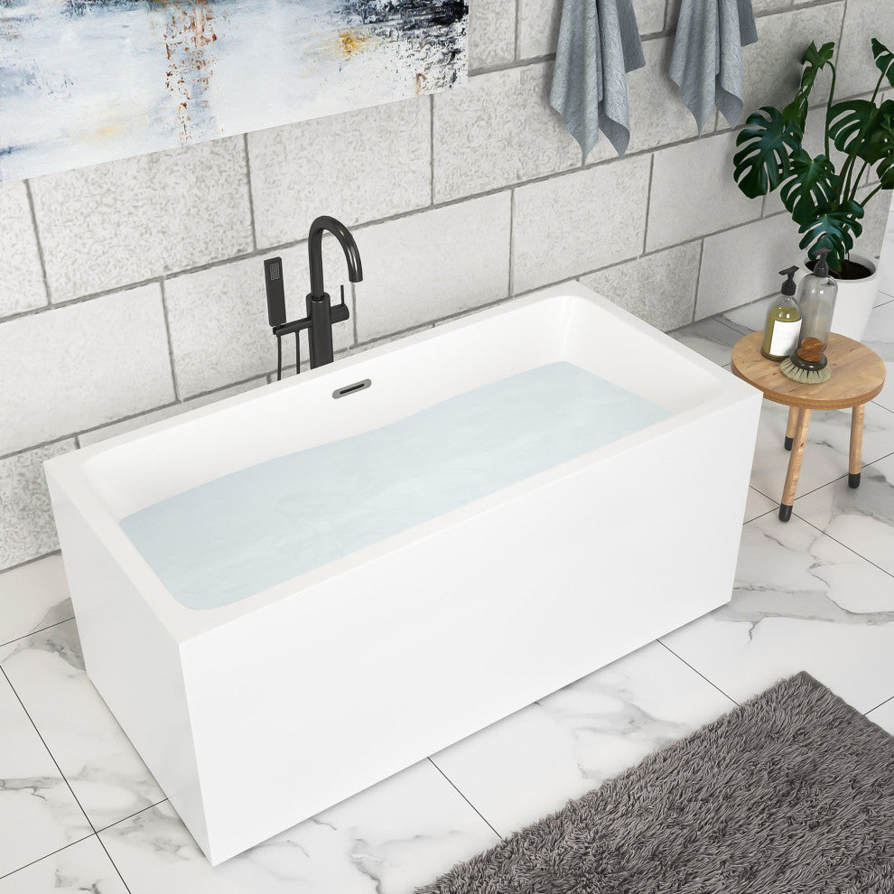 59 in. Acrylic Rectangular Flatbottom Freestanding Soaking Bathtub in White