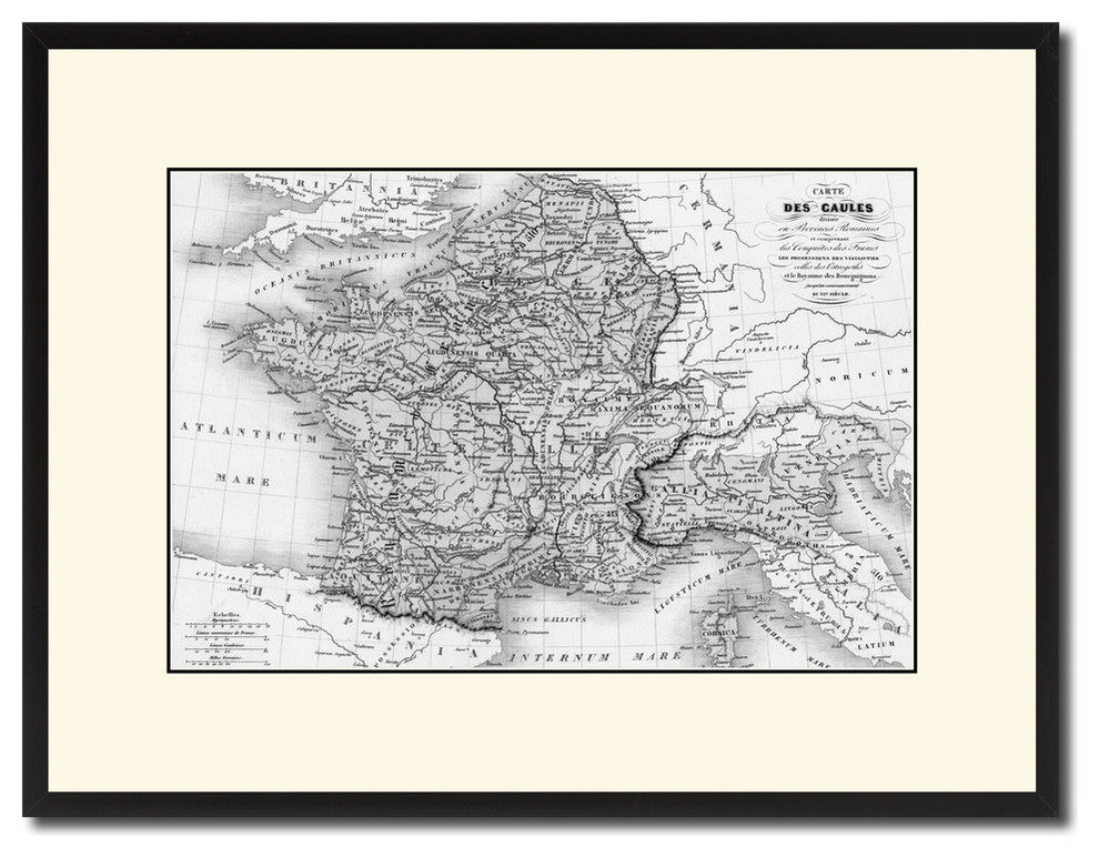 France Vintage Map Print On Canvas With Black Custom Frame, 16" X 21"