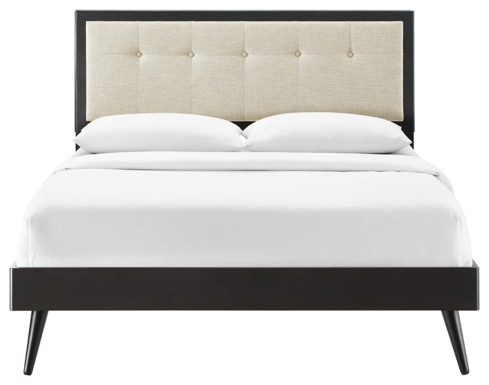 Platform Bed Frame, King Size, Wood, Black Beige, Modern Mid-Century, Bedroom