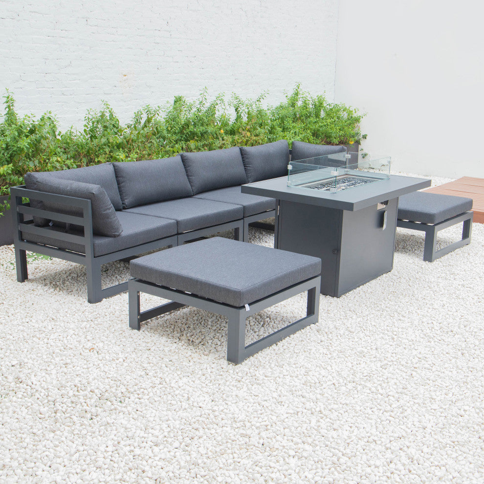 LeisureMod Chelsea 7-Piece Outdoor Sectional With Fire Pit Table, Black