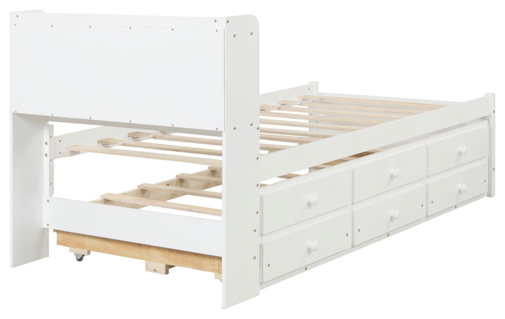 Full/Twin Wood Frame Platform Bed with Trundle and Drawers, White, Twin
