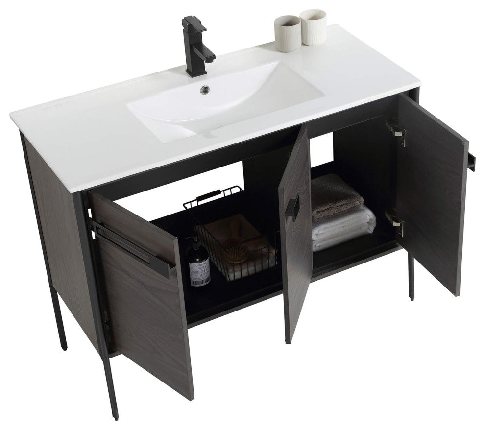 Oakville Bath Vanity, Ceramic Sink, Black Coal Oak, 42 Inch, Black Hardware