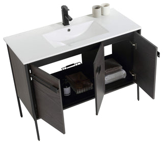 Oakville Bath Vanity, Ceramic Sink, Black Coal Oak, 42 Inch, Black Hardware