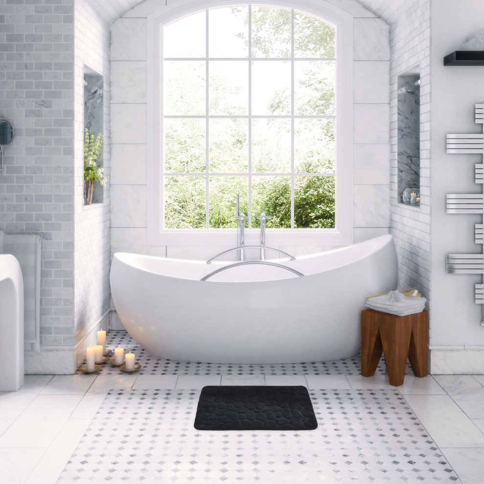 Bathroom Rug Memory Foam Mat 3D Pebble , Black, 32" X 20"