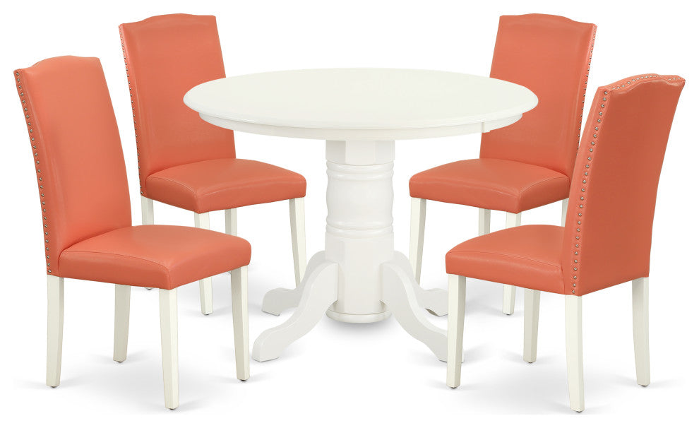 5Pc Rounded 42" Dining Table, Four Parson Chair, Pu Leather Color Pink Flamingo