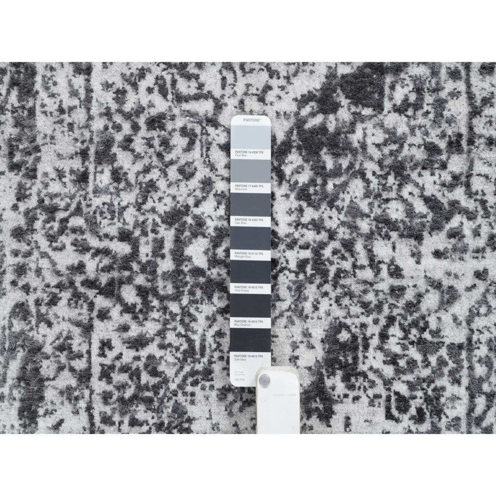 Gray Hand Knotted Erased Persian Design Wool and Silk XL Runner Rug, 2'7"x18'1"