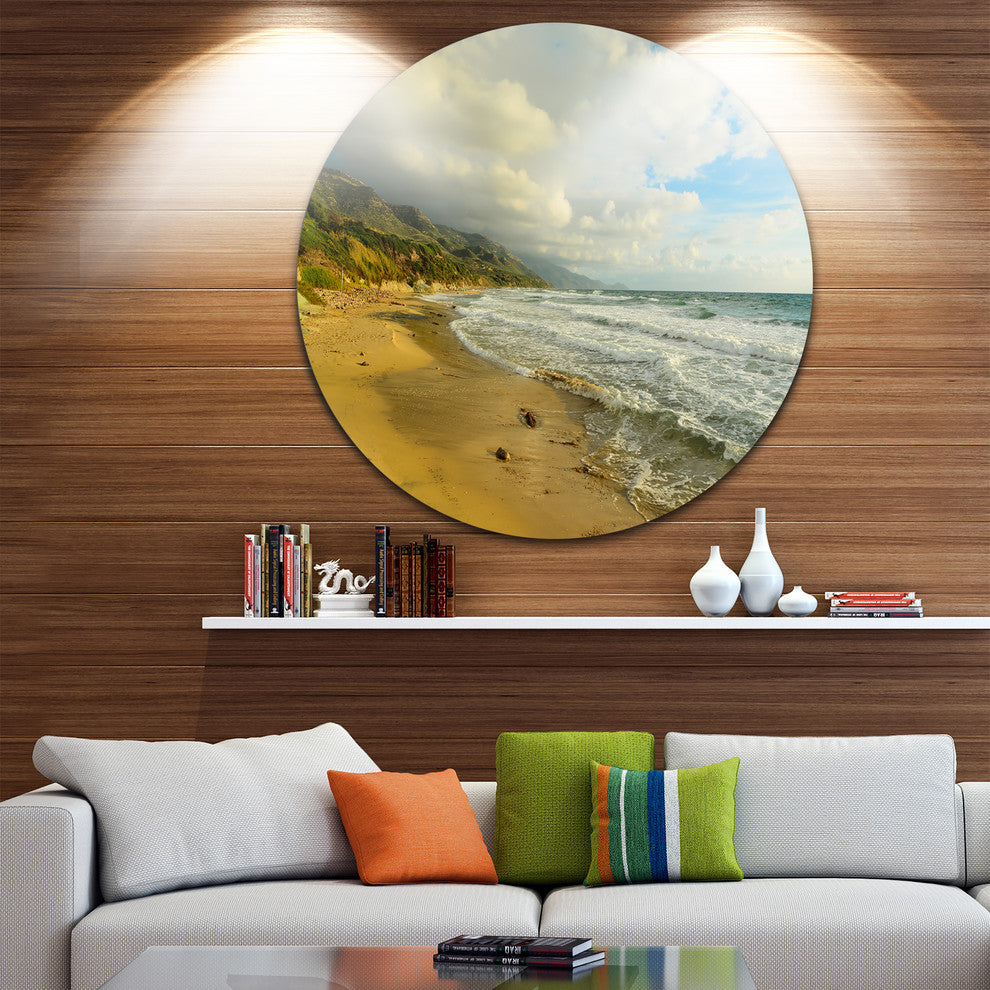 Waves Meet Sand, Landscape Photography Round Metal Wall Art, 23"