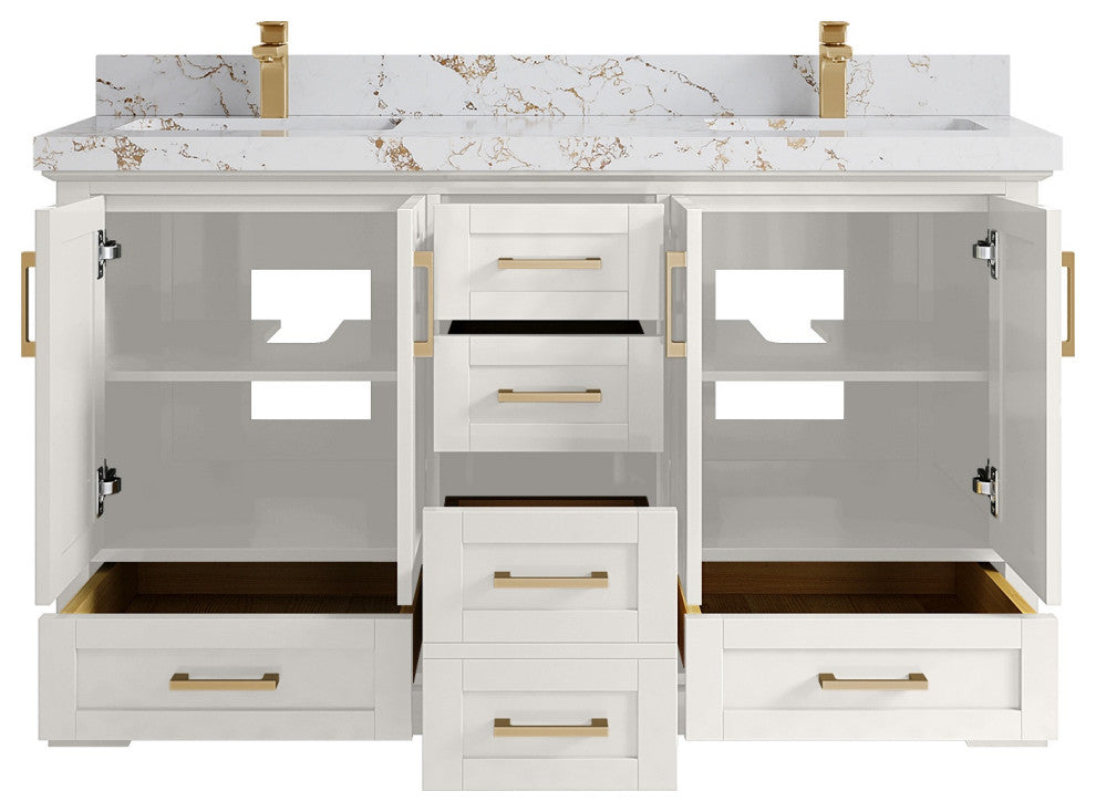 Boston 60" Double Bathroom Vanity in Alabaster 2" Viola Gold