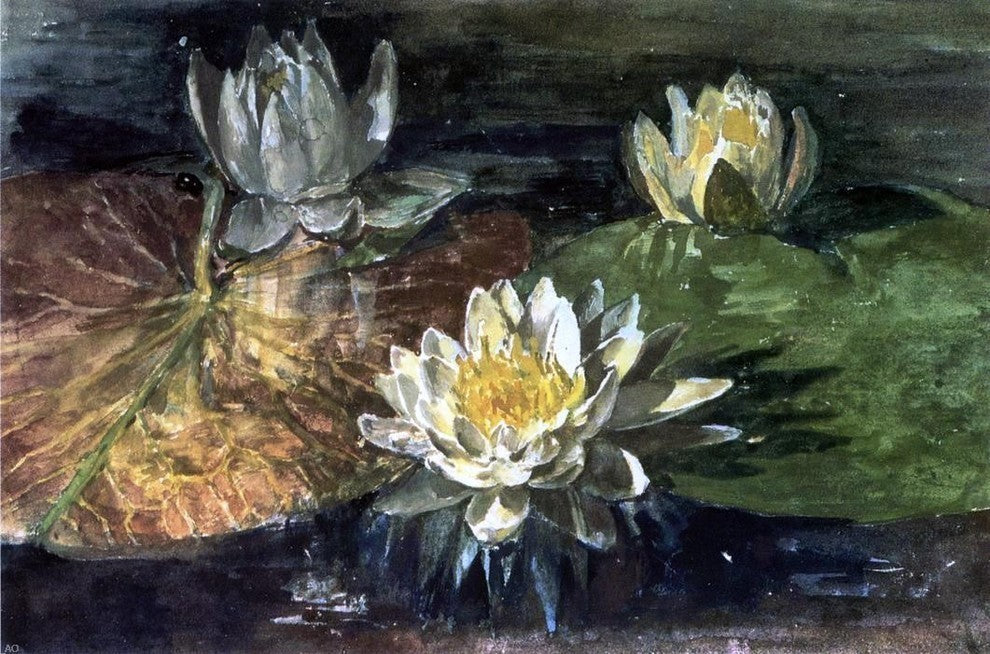John La Farge WaterLilies, Red and Green Pads Premium Canvas Print