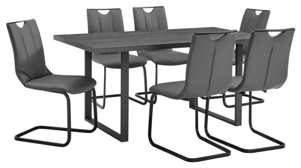 Fenton and Gray Pacific 7-Piece Dining Set, Black Matte Powder Coating, Gray Faux Leather and Black Table