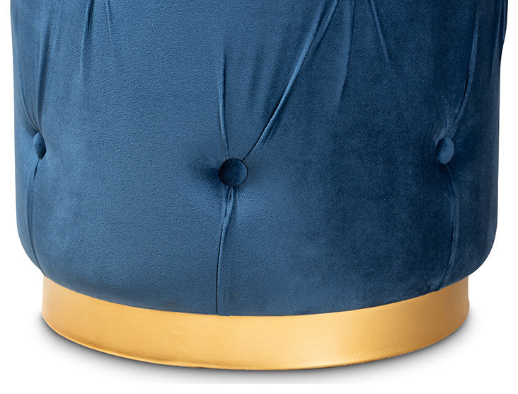 Navy Blue Velvet Fabric Upholstered Gold Finished Button Tufted Ottoman