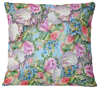 Pink Flower Pattern On Blue Floral Throw Pillow, 16"x16"