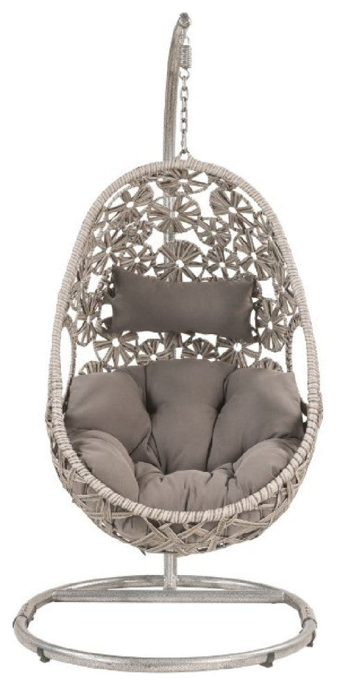 Benzara BM269031 Patio Hanging Chair With Open Circular Motifs, Gray