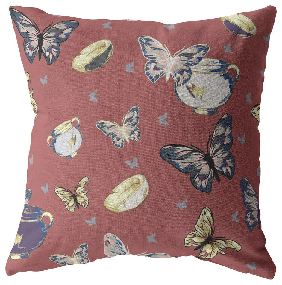 18" Copper Rose Butterflies Decorative Suede Throw Pillow