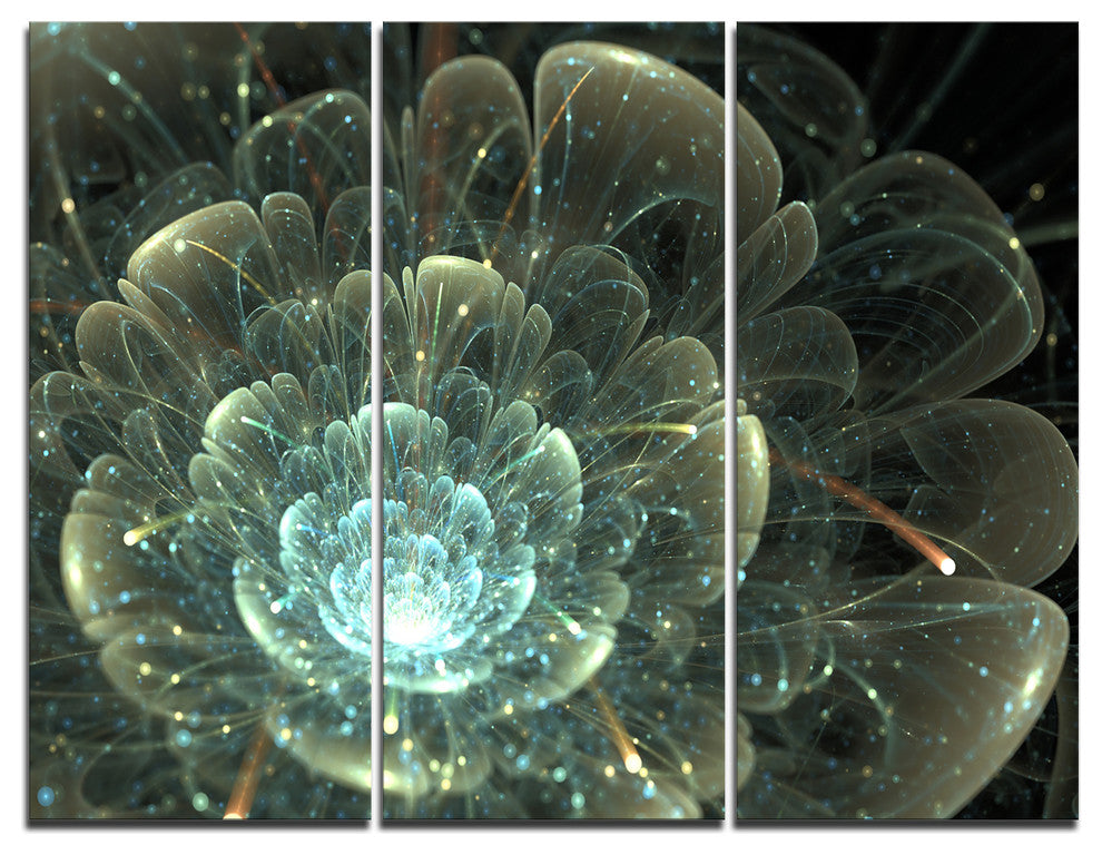 "Fractal Flower Blue and Gray" Digital Wall Art, 3 Panels, 36"x28"