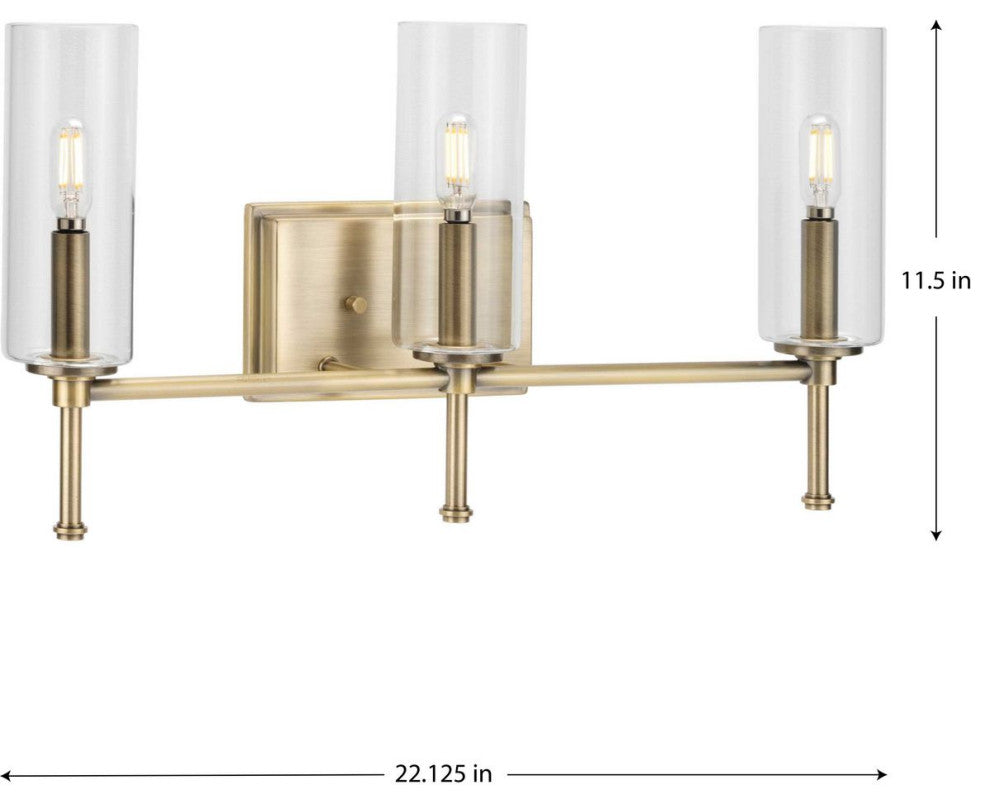 3-Light Clear Glass New Traditional Bath Vanity Light, Vintage Brass