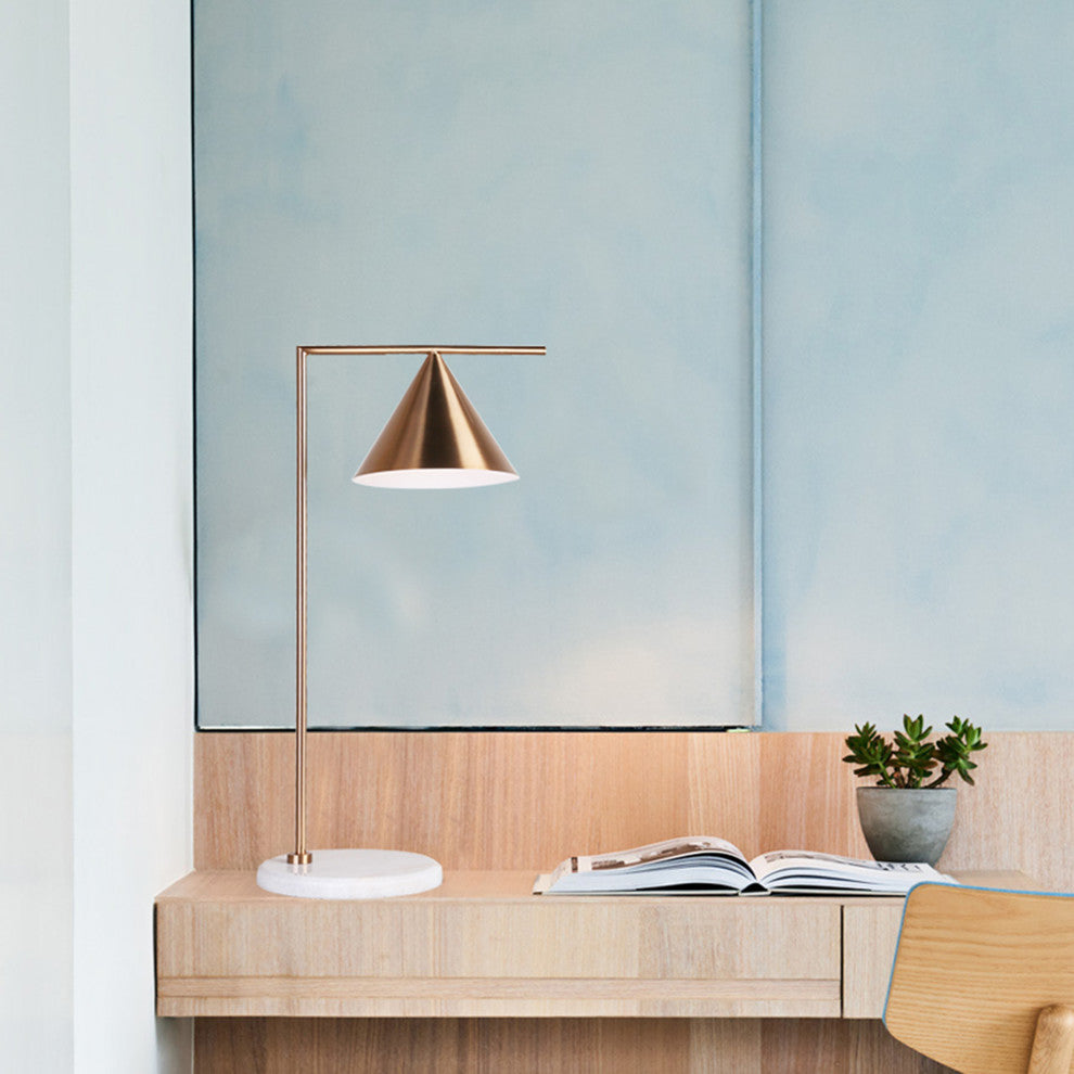 White Marble Base With Gold Shade and Frame Table Lamp
