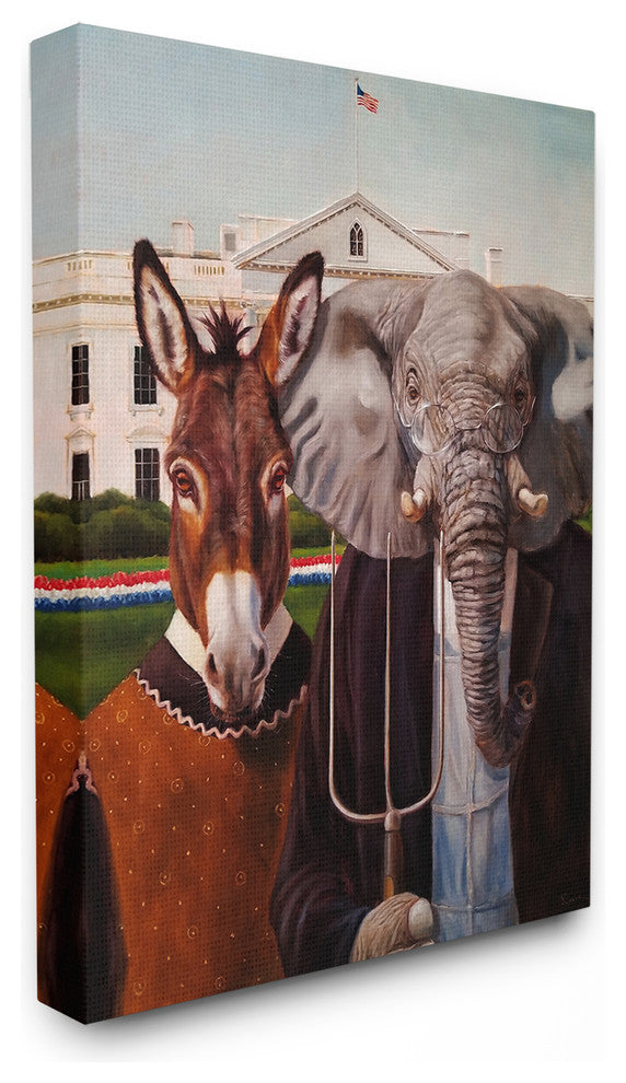 Political Satire American Gothic Farm Animal Painting Canvas, 30"x40"