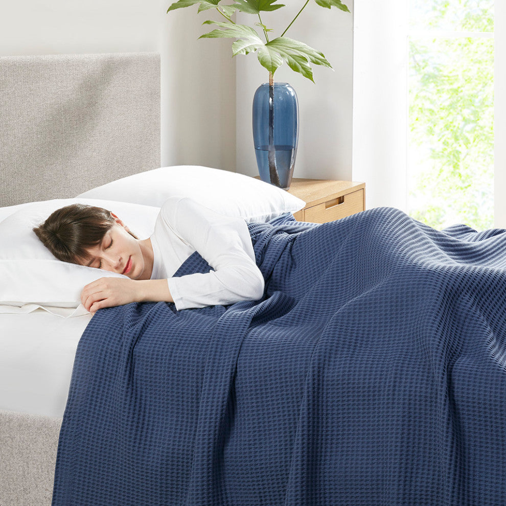 Beautyrest Cotton Waffle Weave Bedding Blanket, Indigo Blue