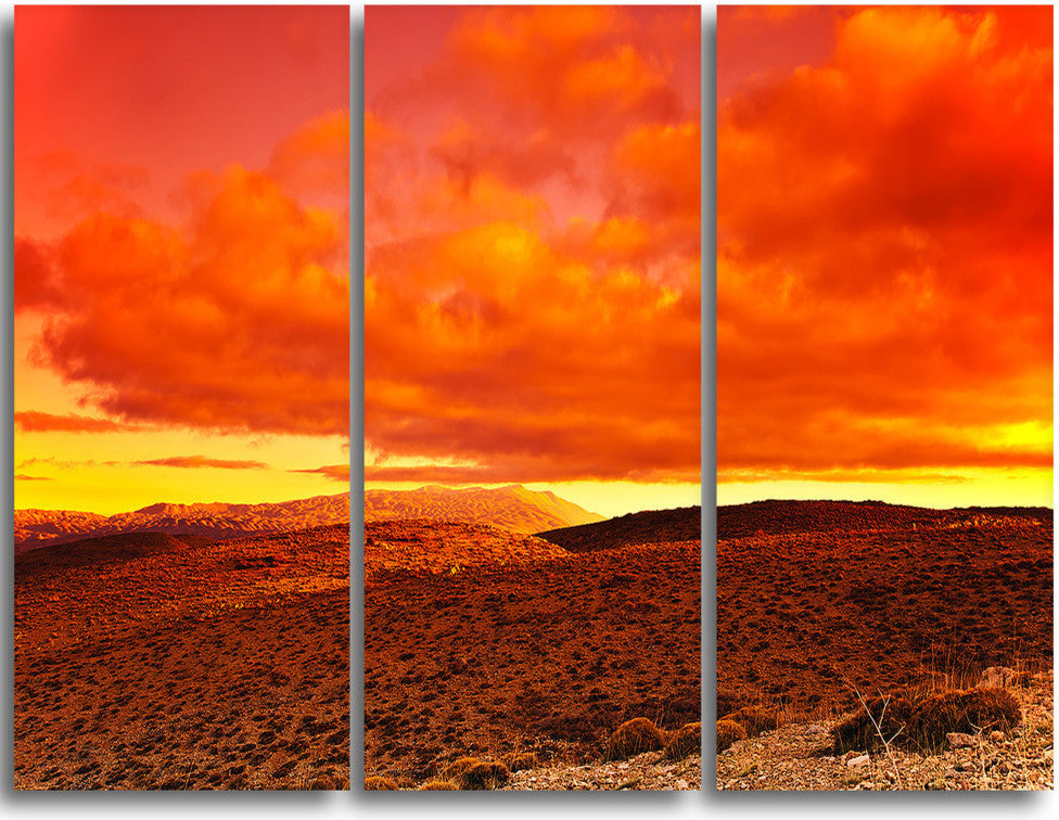 "Dramatic Red Sunset at Desert" Metal Wall Landscape, 3 Panels, 36"x28"