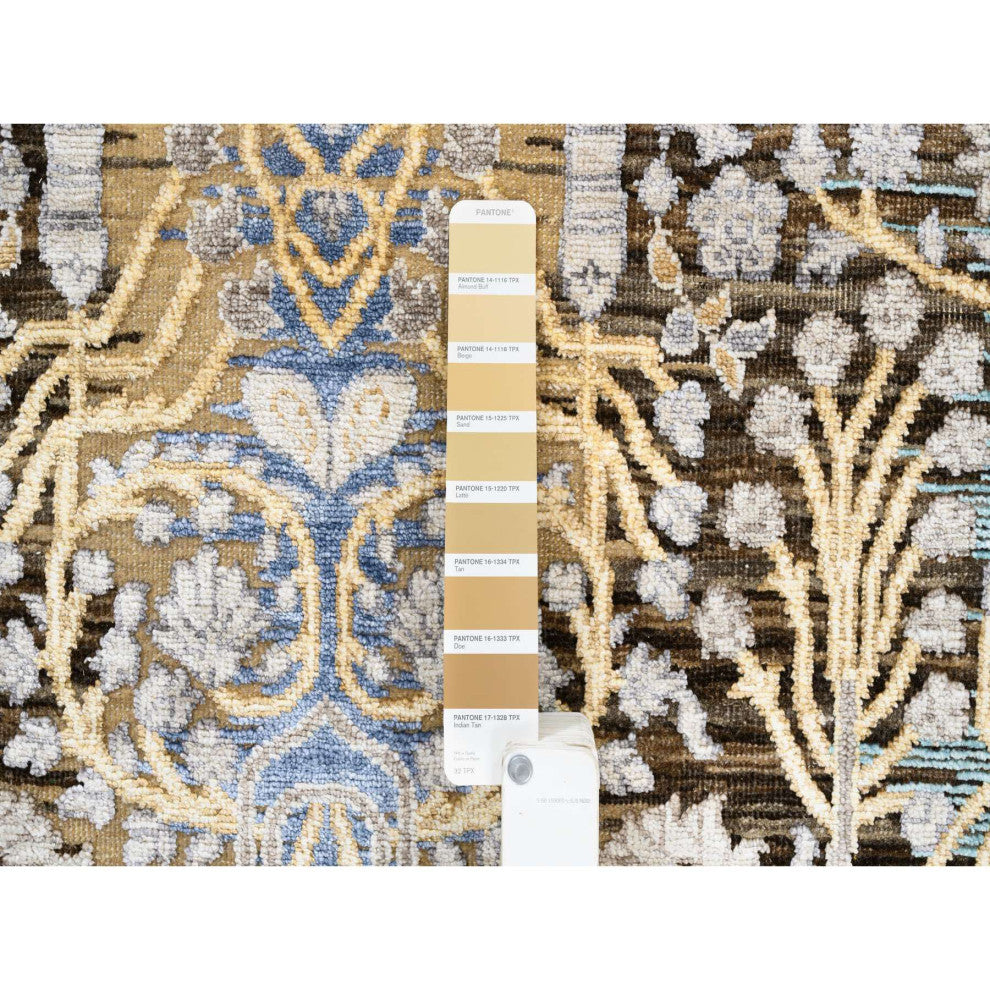 Honey Brown Hand Knotted Silk With Textured Wool Wide Runner Rug 4'2" x 10'0"
