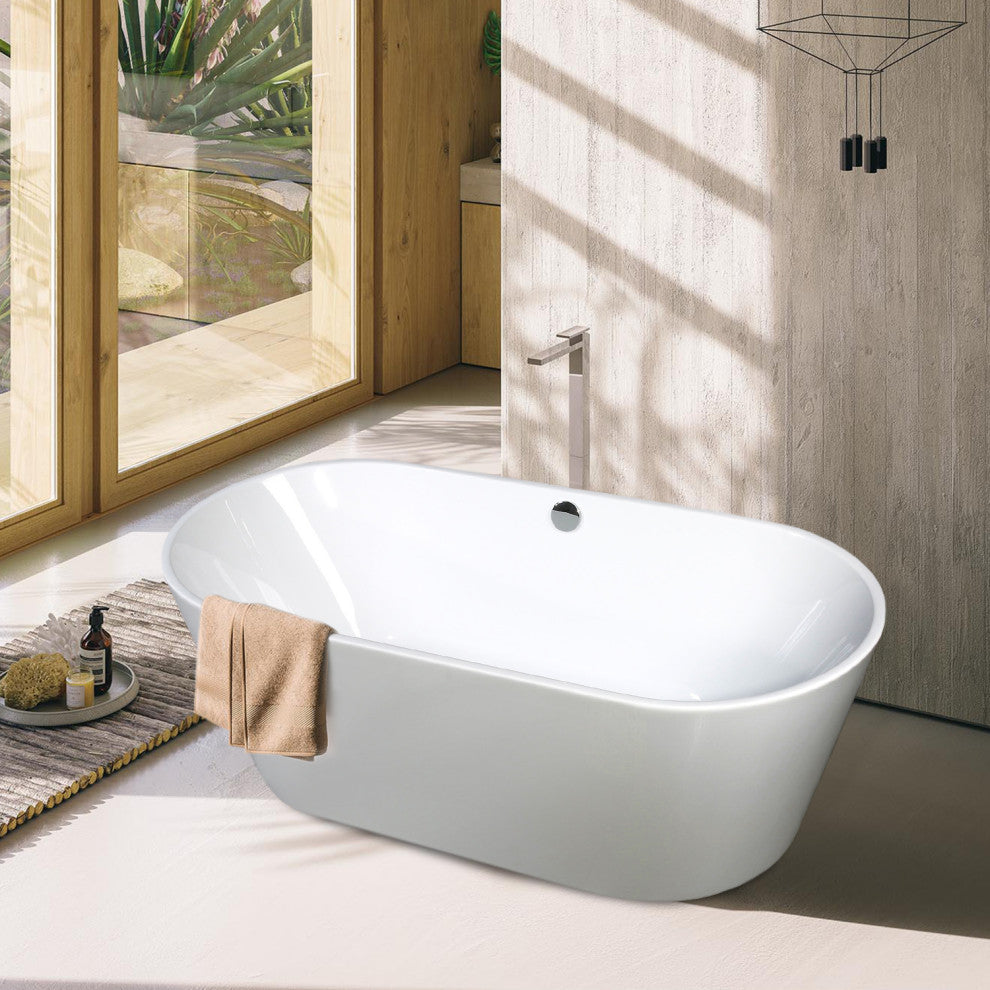 Acrylic Freestanding Bathtub With Chrome-Plated Drain Cover and Overflow Cover, 67"