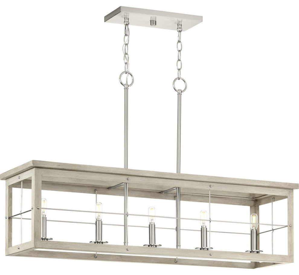 Hedgerow 5-Light Grey Washed Oak Farmhouse Linear Island Chandelier Light