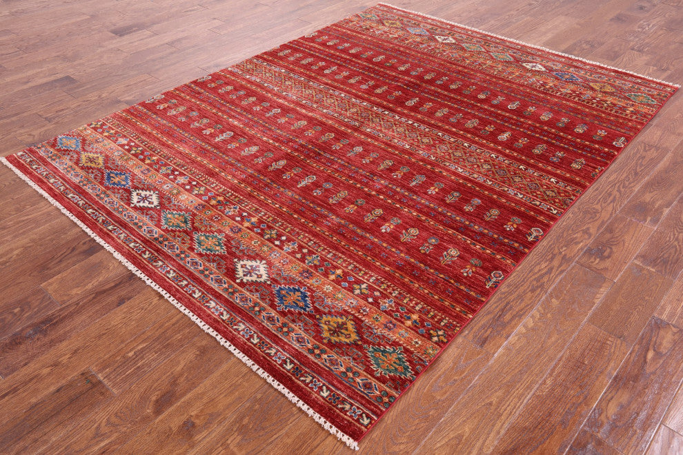 Super Kazak Khorjin Hand-Knotted Wool Rug 5' 10" X 7' 10" Q5349