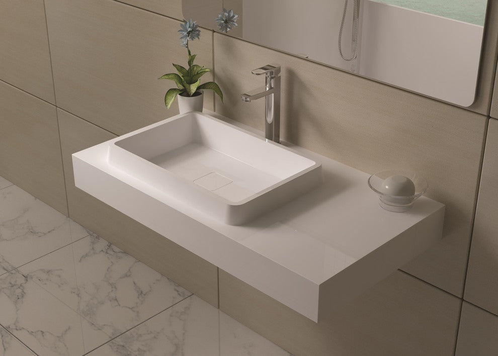 ADM Rectangular Wall Mounted Sink, White, 35", Matte White
