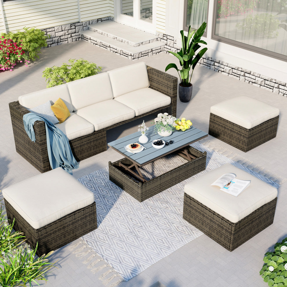 5-Piece Outdoor Wicker Patio Sofa with Ottomans and Lift Top Coffee Table, Gray