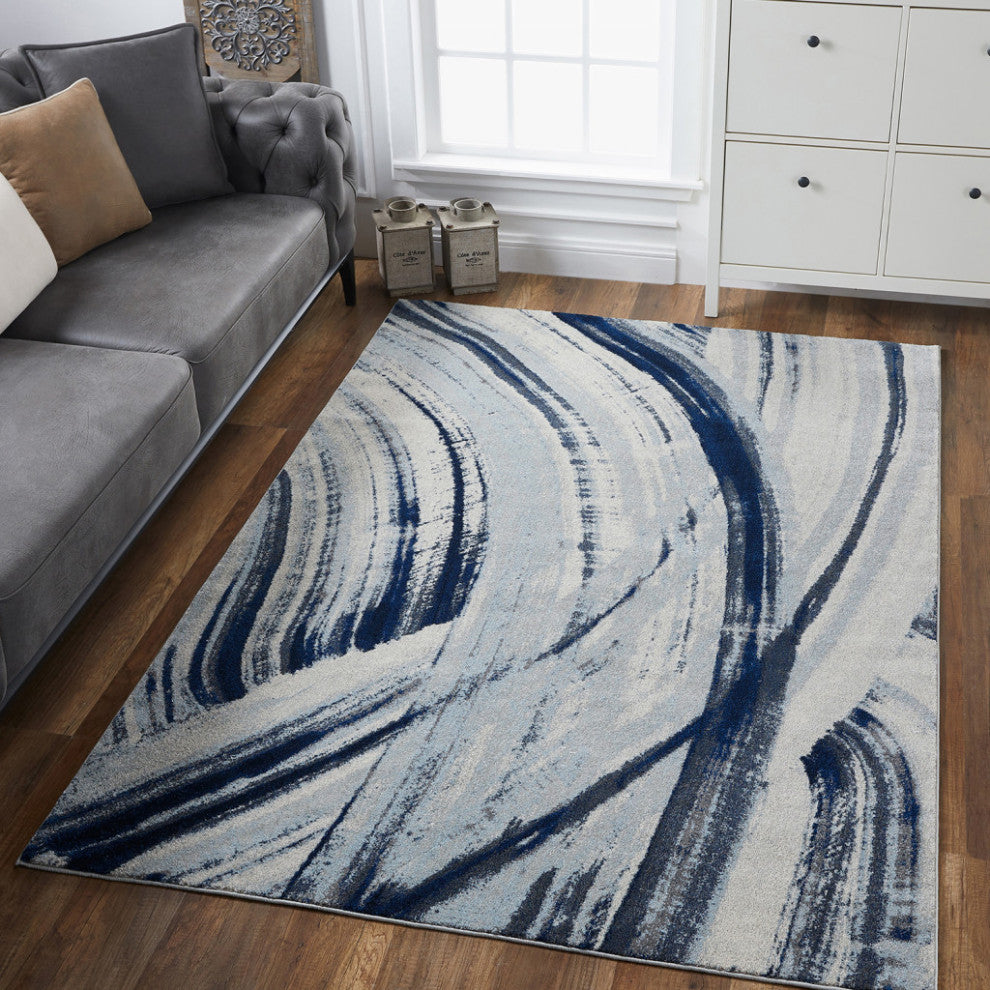 7"x10" Navy Ivory Abstract Strokes Modern Area Rug