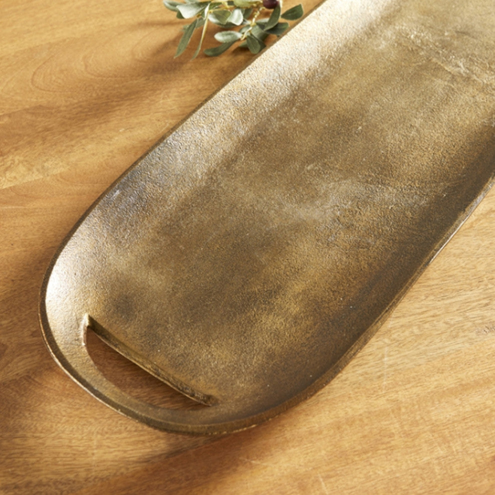 Rustic Brass Gold Oval Decorative Tray Classic Modern 30 in Long Wide Handles