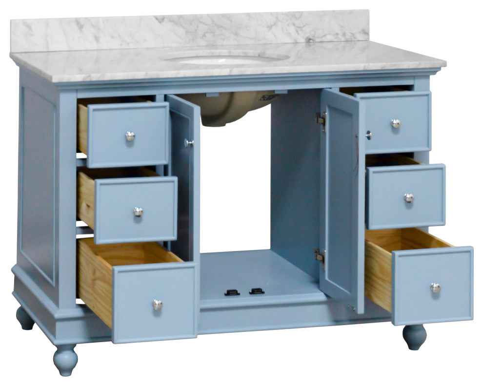 Bella 48" Bathroom Vanity, Powder Blue, Carrara Marble