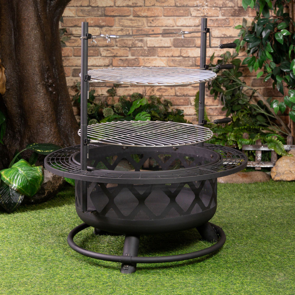 33" Diameter Outdoor Steel Woodburning Fire Pit Grill and Rotisserie