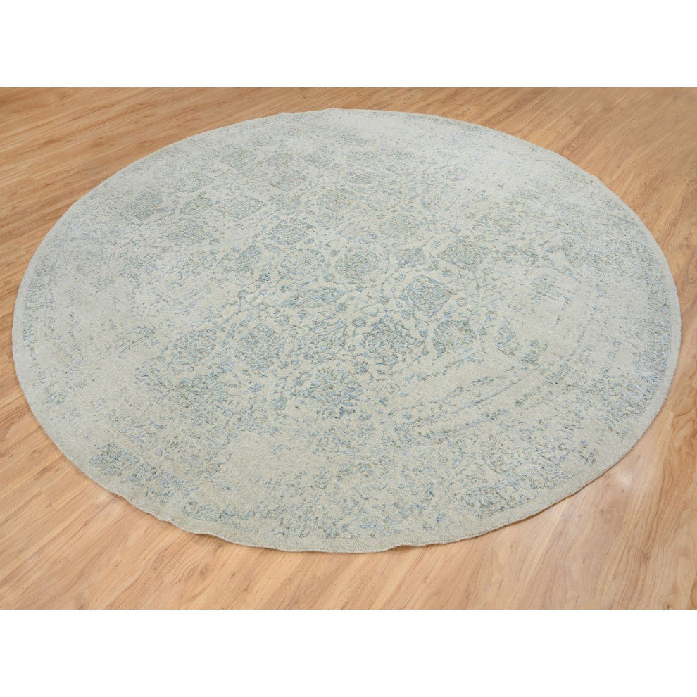 Blue, Tabriz Design, Jacquard Hand Loomed Wool and Silk Round Rug, 12'0"x12'0"