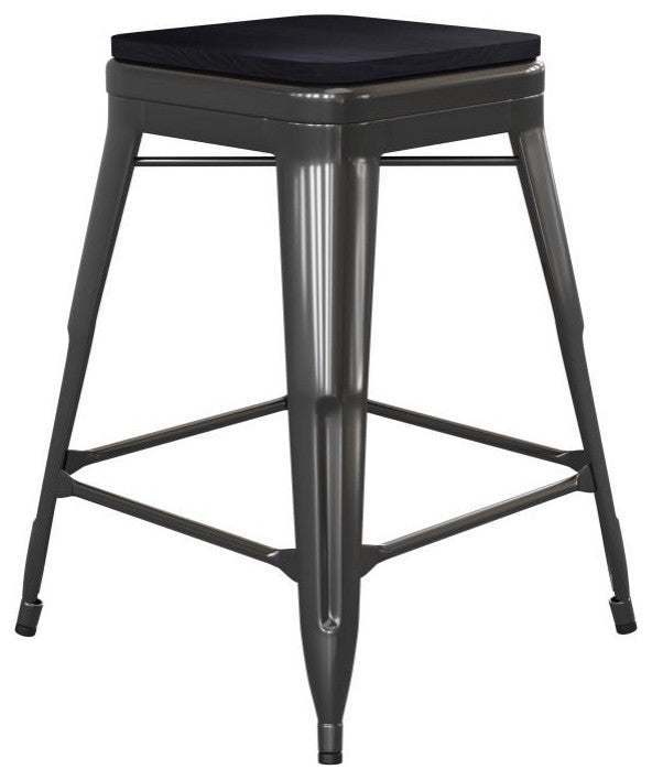 Cierra Set of 4 Commercial 24" High Backless Metal Indoor Counter Stools, Black/Black