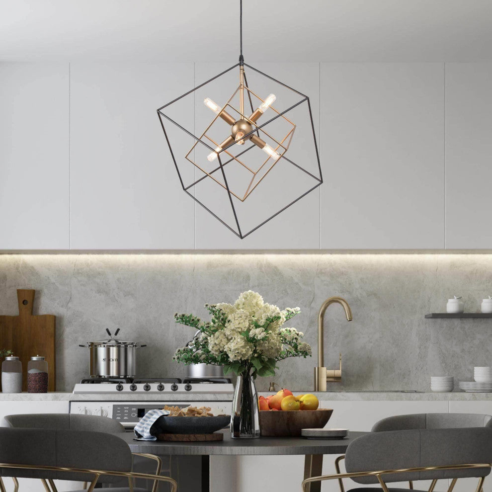 LNC Contemporary Minimalist Square Frame 6-Light Chandelier, Black and Gold