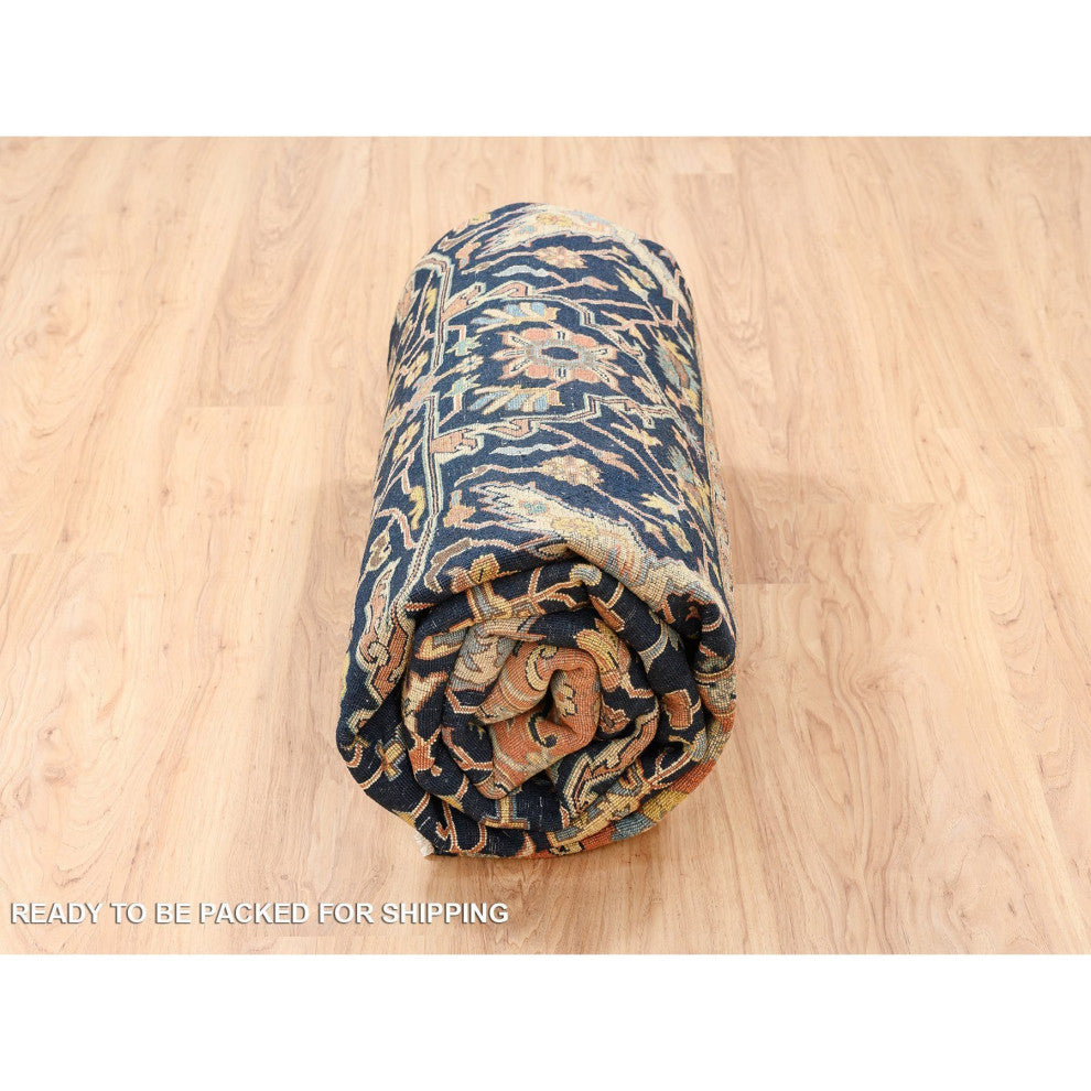 Midnight Blue Antiqued Heriz Soft Wool Hand Knotted Oriental Rug, 8'1"x10'1"