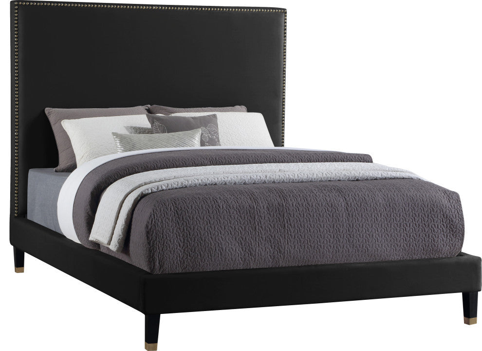 Harlie Velvet Upholstered Bed, Black, Queen