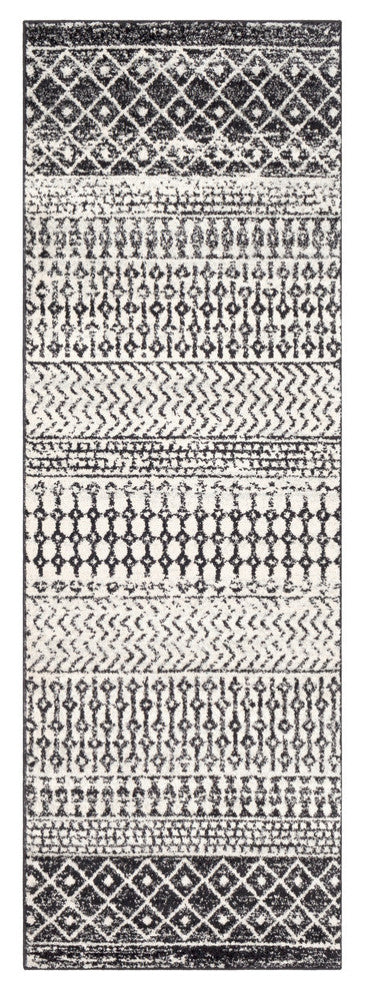 Elaziz Bohemian Global Gray, Black Area Rug, 2'7"x7'6" Runner