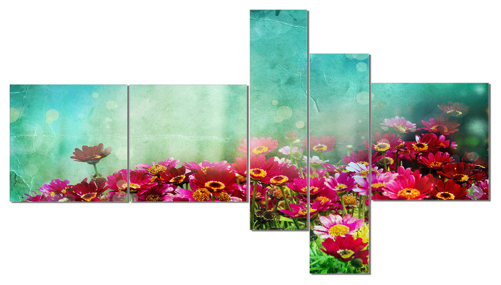 Little Red and Pink Flowers on Blue, Floral Canvas Art Print, 60"x32", 5 panels