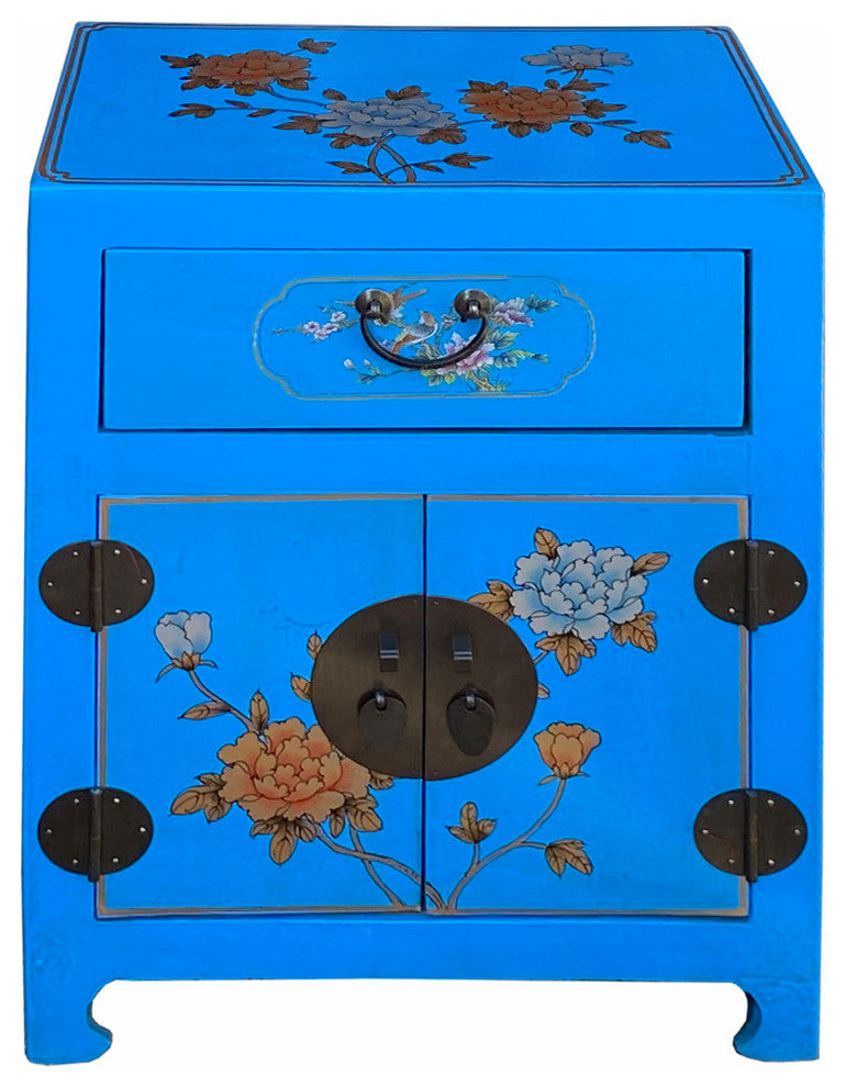 Chinese Bright Blue Vinyl Moon Face Flower Birds End Table Nightstand Hcs7131