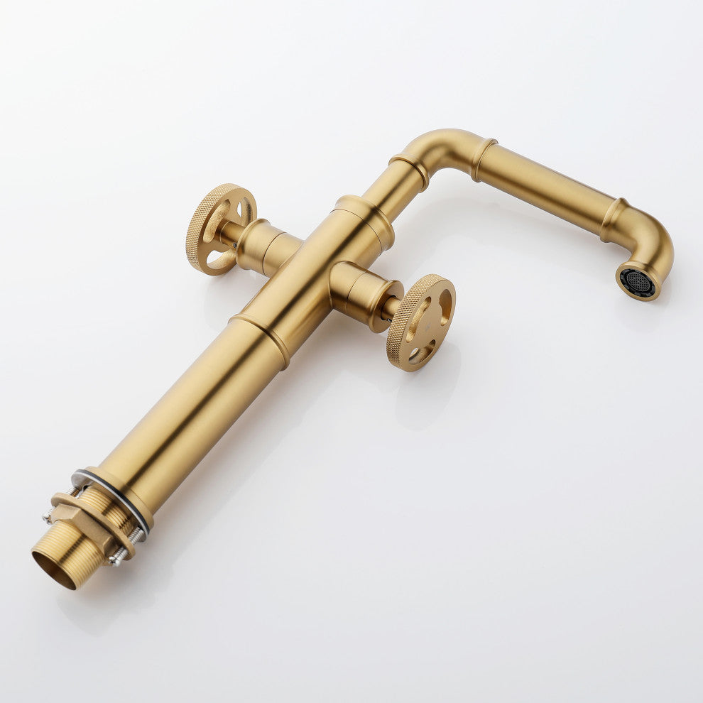 Deck Mounted Dual Handles Bathroom Vessel Sink Faucet, Brushed Gold