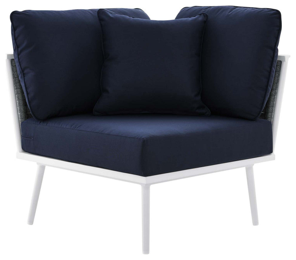 Lounge Sectional Sofa Chair Table Set, Navy White, Aluminum, Modern, Outdoor