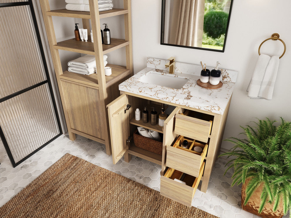 Elizabeth Oak 36" Left Offset Sink Vanity, White 2" Calacatta Laza